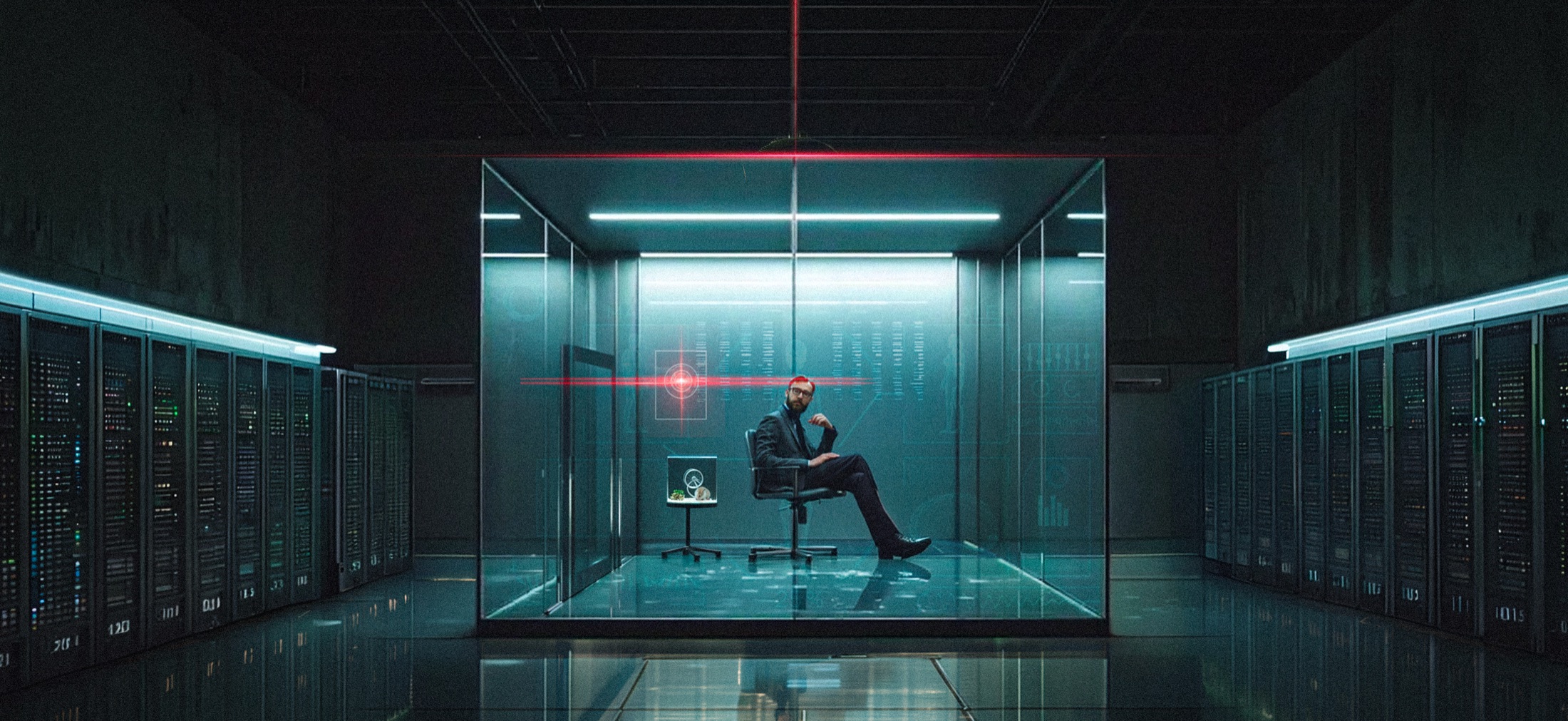 Dr. Mimmo Kraal seated inside a glass enclosure within a server hall — the terrarium.